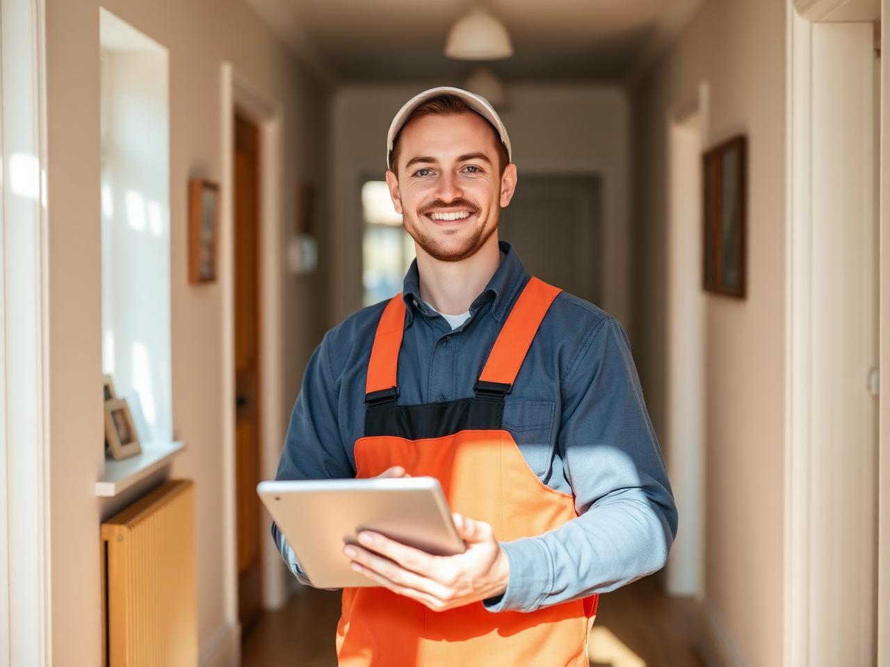 A professional tradesperson in a UK home reviewing a job on a tablet